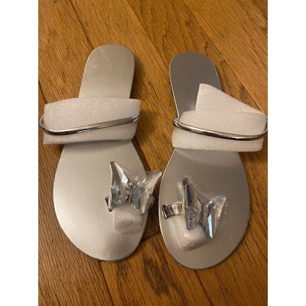 Women's Silver Crystal Butterfly Detail Comfortable Slip On Summer sandals 7.5